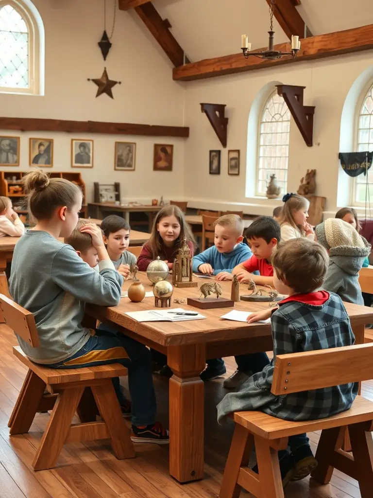 A photograph of children participating in an educational workshop about medieval history, highlighting the educational activities of TBDP.