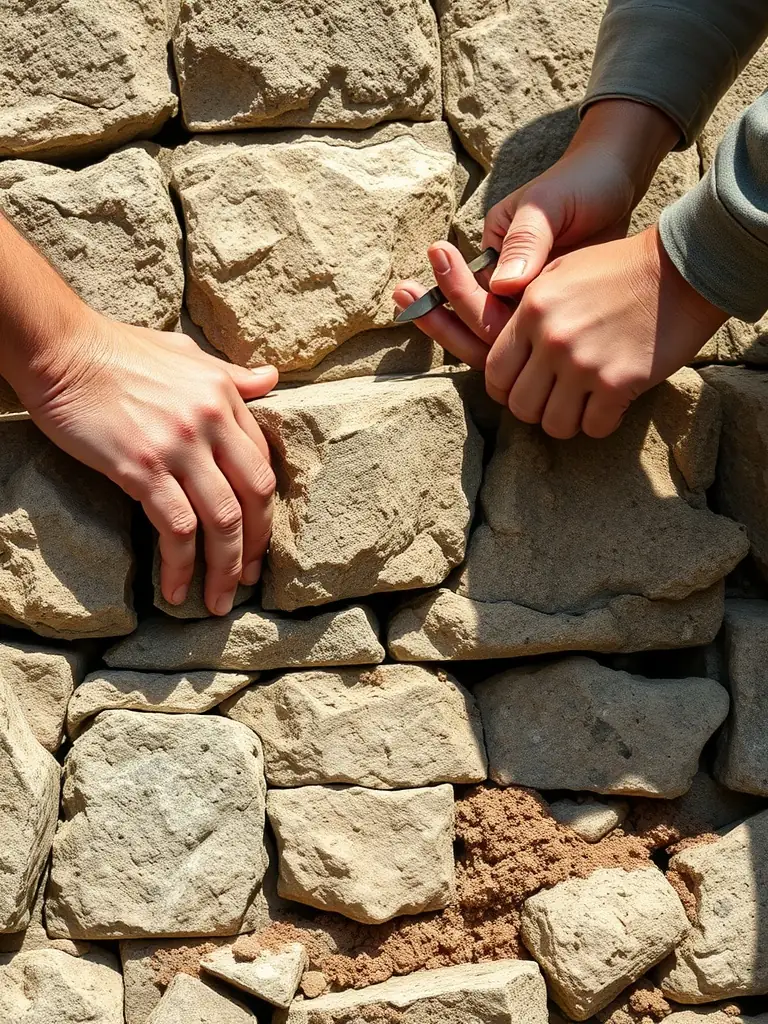 A group of volunteers working together to restore a section of a medieval stone wall, showcasing the hands-on preservation efforts of TBDP.