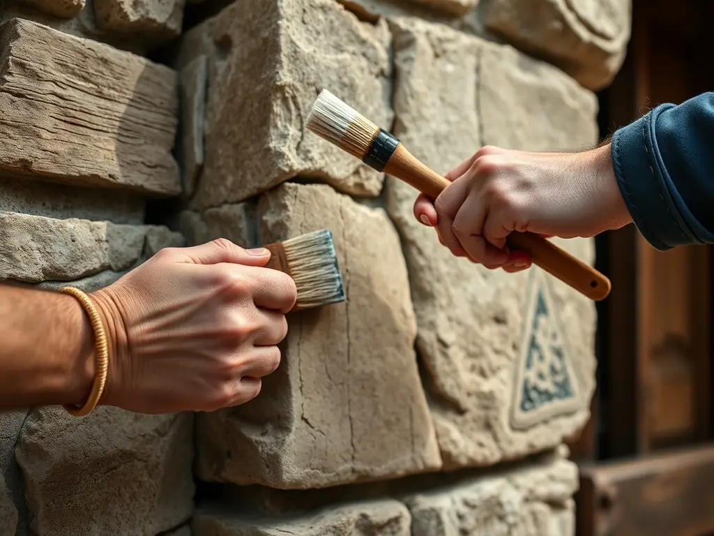 A photograph of volunteers working on the restoration of a local medieval tower. The image shows volunteers carefully repairing stonework, cleaning historical artifacts, and documenting their progress, with the tower's architecture prominently displayed.