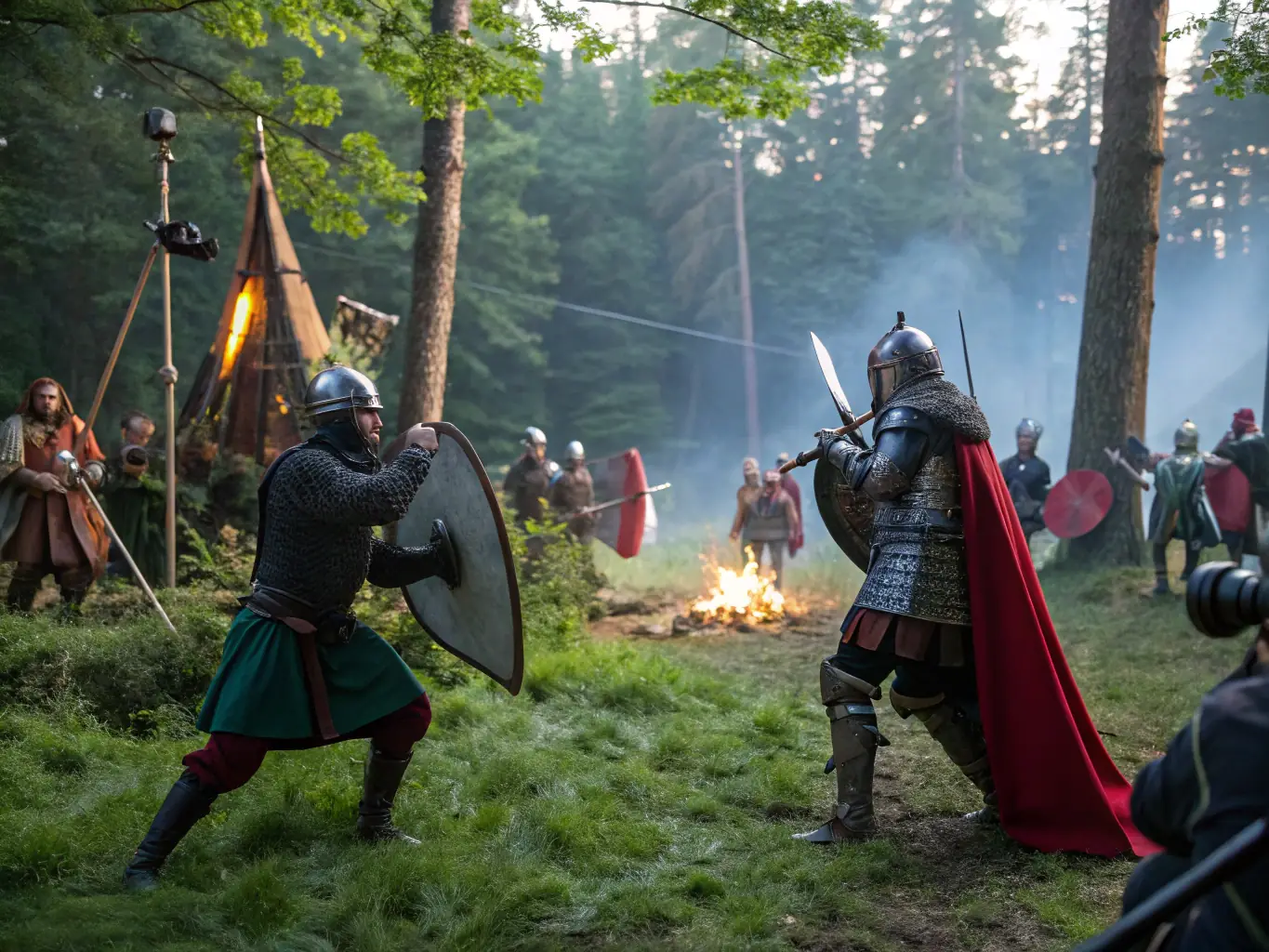 A vibrant photograph capturing volunteers participating in a medieval reenactment at a local historical site. The image showcases participants dressed in period attire, actively engaging in a historical battle simulation, with a medieval castle visible in the background.