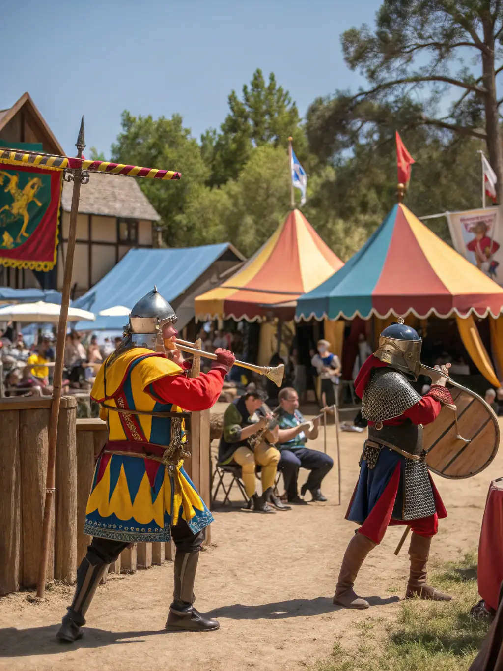 A vibrant scene from a medieval festival organized by TBDP, featuring reenactors, craft stalls, and community members enjoying the event.