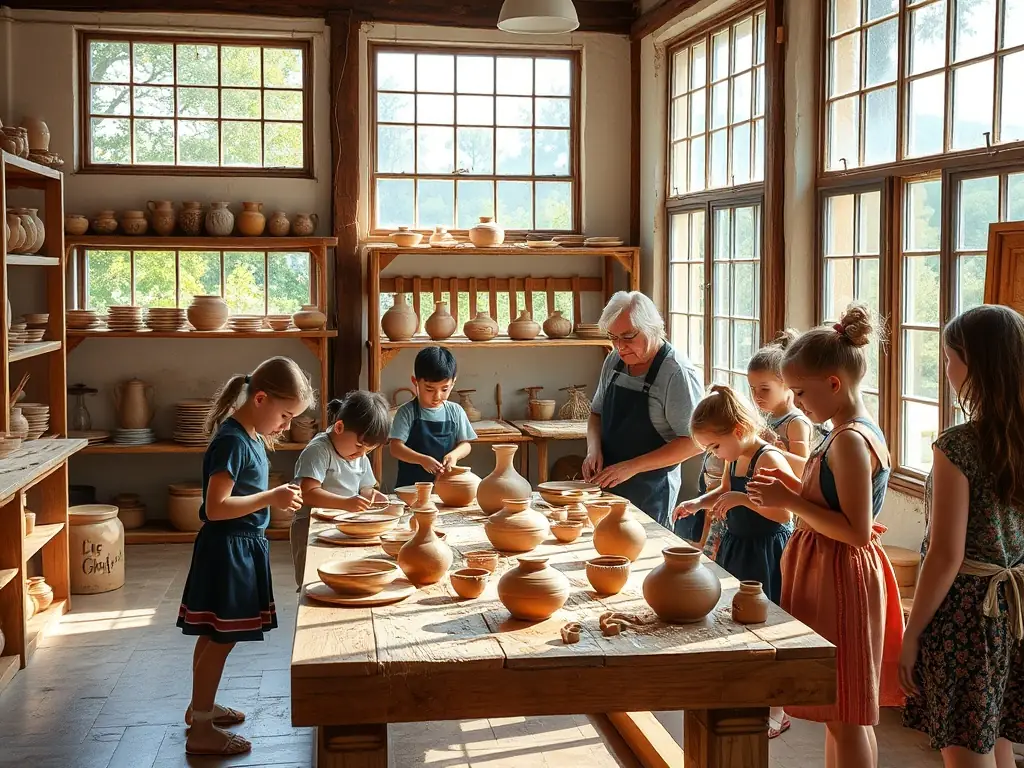A photograph of children participating in an educational workshop on medieval crafts. The image shows children learning to create traditional crafts, such as pottery and weaving, under the guidance of experienced instructors, in a classroom setting.